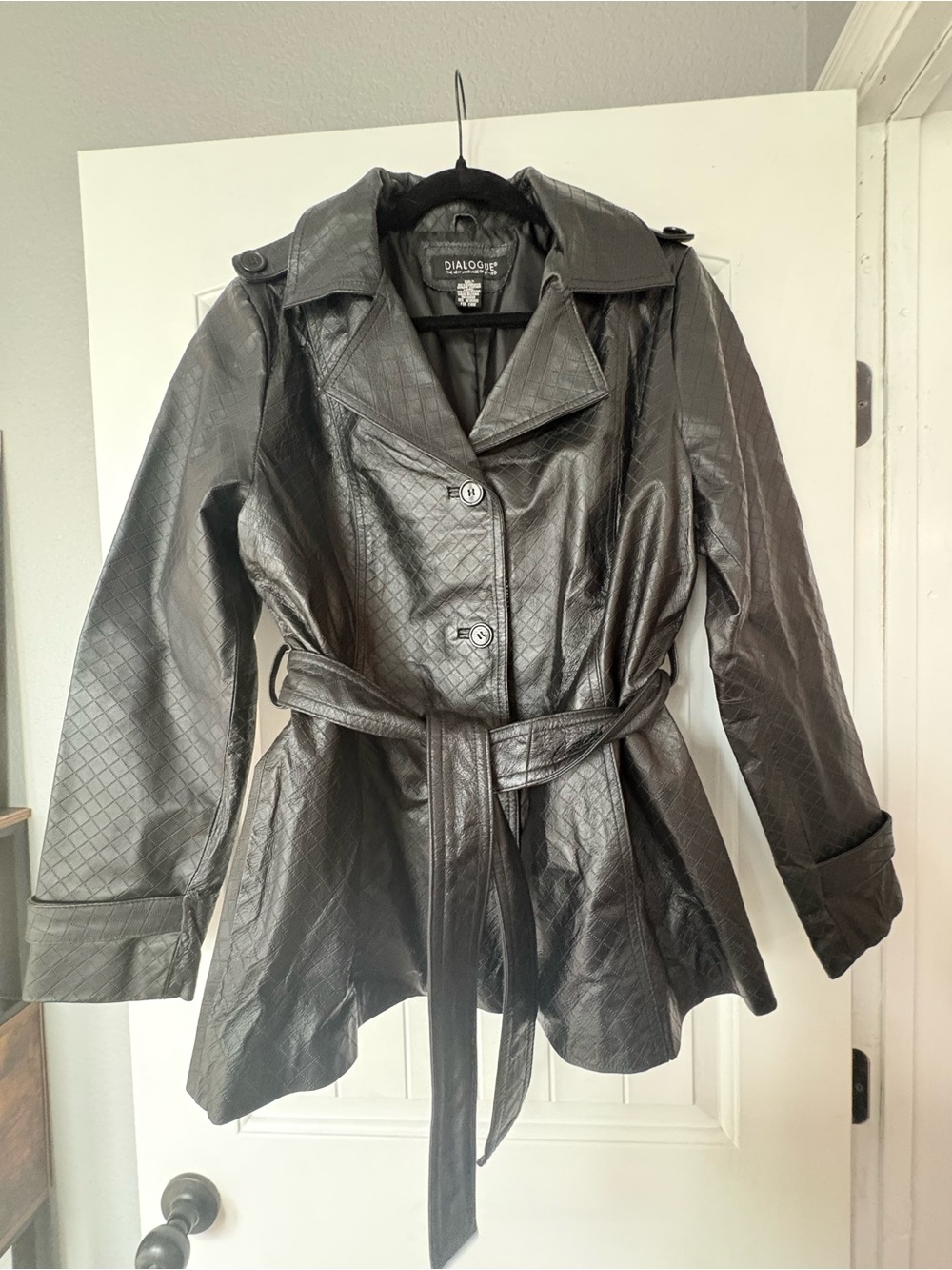 Dialogue Black Embossed Genuine Leather Trench with Belt